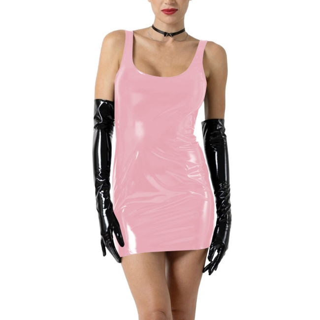 Summer Sexy Club Square Collar Slim Fit Tank Dress Women PVC Leather Back Lace-up Min Bodycon Dress Sleeveless Party Dresses