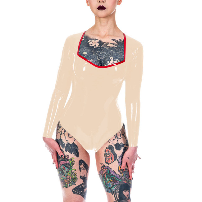 Plunging Neckline High Cut Faux Latex Bodysuit Women Long Sleeve Sexy Bodysuit Lingerie One Piece Open Crotch Teddies Clubwear