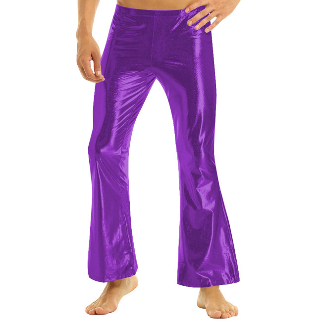 Mens High Waist Flared Pants Shiny Metallic Party Disco Bell Bottom Trousers Male Solid Color Long Pants Wetlook Show Clubwear