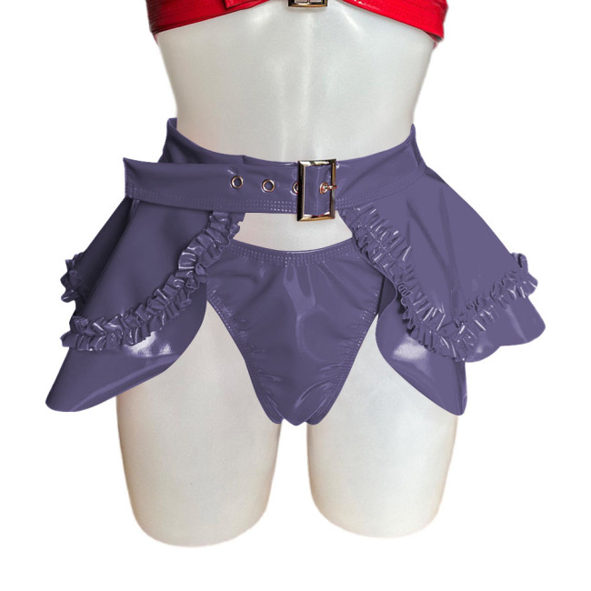Wet Look PVC Leather Briefs + Skirts Sexy Nightclub Two-piece Lingerie Set with Ruffle Cosplay Outfits Frill Buckle Miniskirt