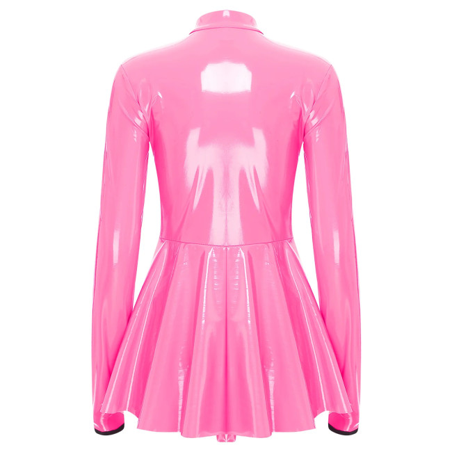 Sissy Party PVC Shiny Babydoll Bodysuit Wetlook Long Sleeved A-line Skirted Leotard Sexy Hollow Glossy PU Leather Catsuit Female