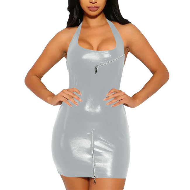 Summer Sexy Girl Mini Dress for Women Zipper Design Halter Bodycon Dress Vestidos Slim Fit Revelry Party Sleeveless Dress Sissy