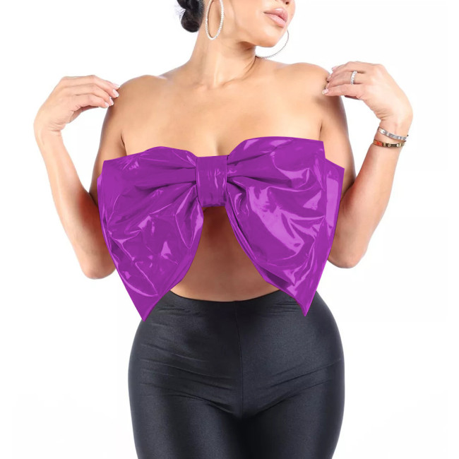 Fashion Sexy Large Bow Strapless Croped Tops Wetlook PVC Sleeveless Tube Wrap Bustier Hotties Glossy Faux Leather Camisole Top