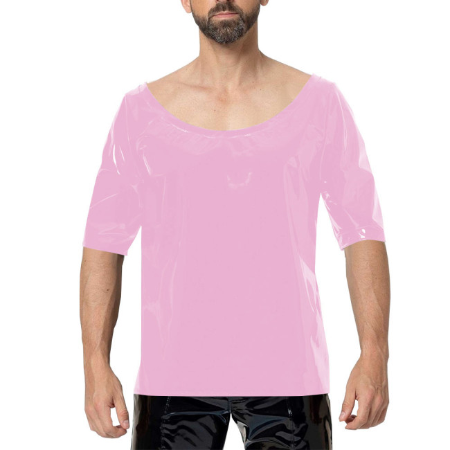 Scoop Neck Men PVC Faux Leather T-Shirts Sexy Club Half Sleeved Tops Fashion Street Wear Wetlook T-shirt Vinyl Tees Undershirt