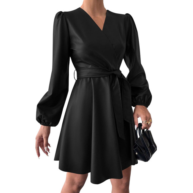 Fashion Puff Long Sleeve V-neck Dress Vintage Women Casual PU Leather Dress with Belt Matte Cocktail Gown Party Vestidos Female