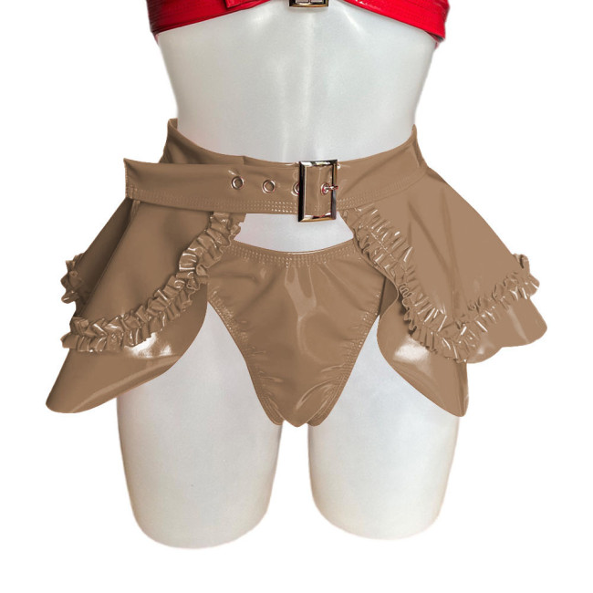 Wet Look PVC Leather Briefs + Skirts Sexy Nightclub Two-piece Lingerie Set with Ruffle Cosplay Outfits Frill Buckle Miniskirt