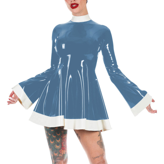 Mock Neck Flare Sleeve A-line PVC Leather Dress Women Slim Patchwork Mini Dress Elegance Short Dress Casual Solid Color Vestido