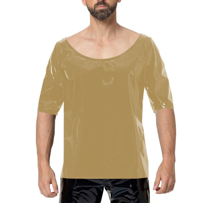 Scoop Neck Men PVC Faux Leather T-Shirts Sexy Club Half Sleeved Tops Fashion Street Wear Wetlook T-shirt Vinyl Tees Undershirt