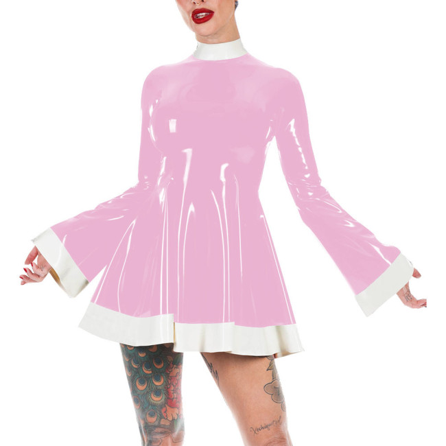 Mock Neck Flare Sleeve A-line PVC Leather Dress Women Slim Patchwork Mini Dress Elegance Short Dress Casual Solid Color Vestido