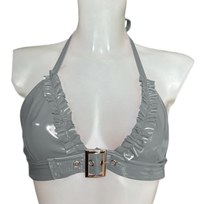 Womens Halter Ruffles PVC Shiny Bra Tops Sexy Buckle Lingerie Nightclub Party Costume Sissy Rave Party Underwear Nightwear 7XL
