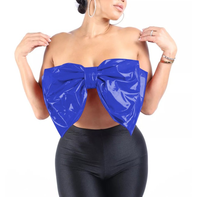 Fashion Sexy Large Bow Strapless Croped Tops Wetlook PVC Sleeveless Tube Wrap Bustier Hotties Glossy Faux Leather Camisole Top