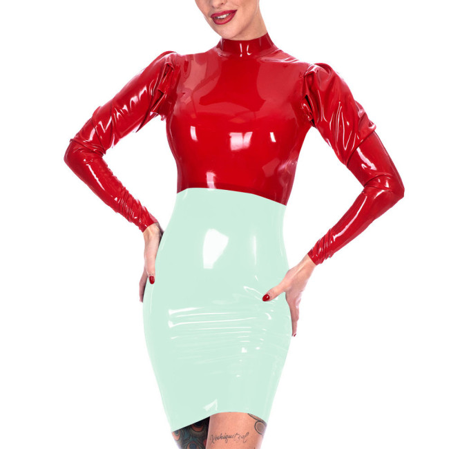 Fetish Womens Bodycon Mini Dress Patchwork Long Sleeve Skinny Party Dress Wetlook PVC Leather Clubwear Back Zipper Tight Vestido