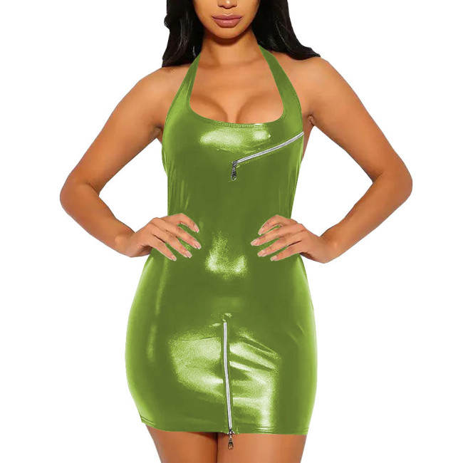 Summer Sexy Girl Mini Dress for Women Zipper Design Halter Bodycon Dress Vestidos Slim Fit Revelry Party Sleeveless Dress Sissy