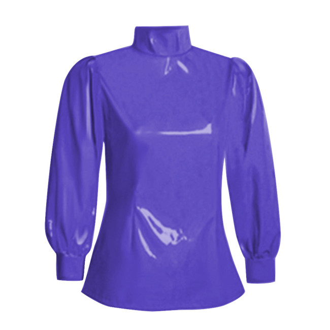 Office Ladies Tops Slim Fit Long Sleeve Faux Latex Women Blouse Turtleneck PVC Leather Bodycon Solid Color Blouse Tops Casual