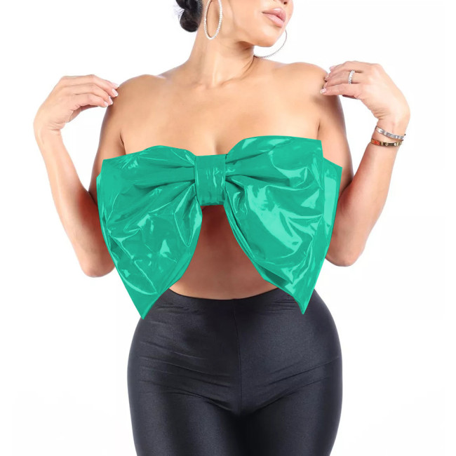 Fashion Sexy Large Bow Strapless Croped Tops Wetlook PVC Sleeveless Tube Wrap Bustier Hotties Glossy Faux Leather Camisole Top