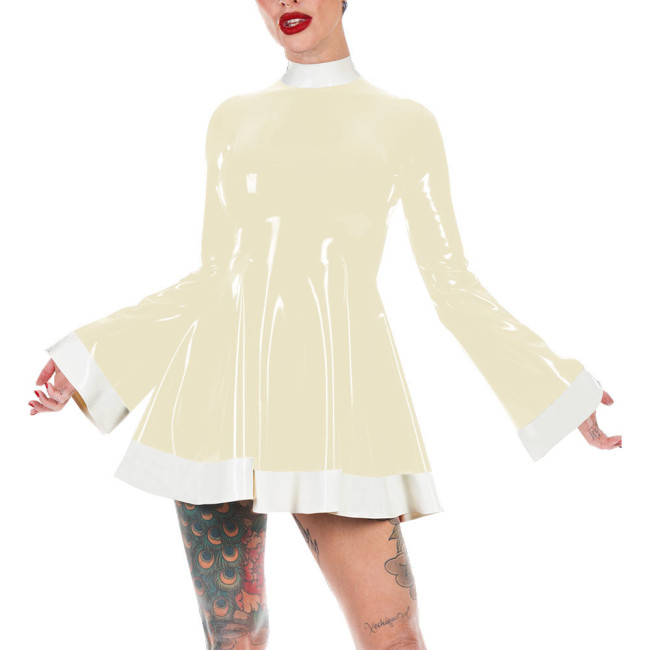 Mock Neck Flare Sleeve A-line PVC Leather Dress Women Slim Patchwork Mini Dress Elegance Short Dress Casual Solid Color Vestido