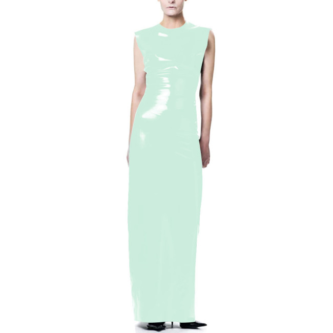 Elegant O-Neck Wetlook Long Dress Vinyl Sleeveless PVC Leather Straight Dress for Womens Office Ladies Evening Party Vestidos