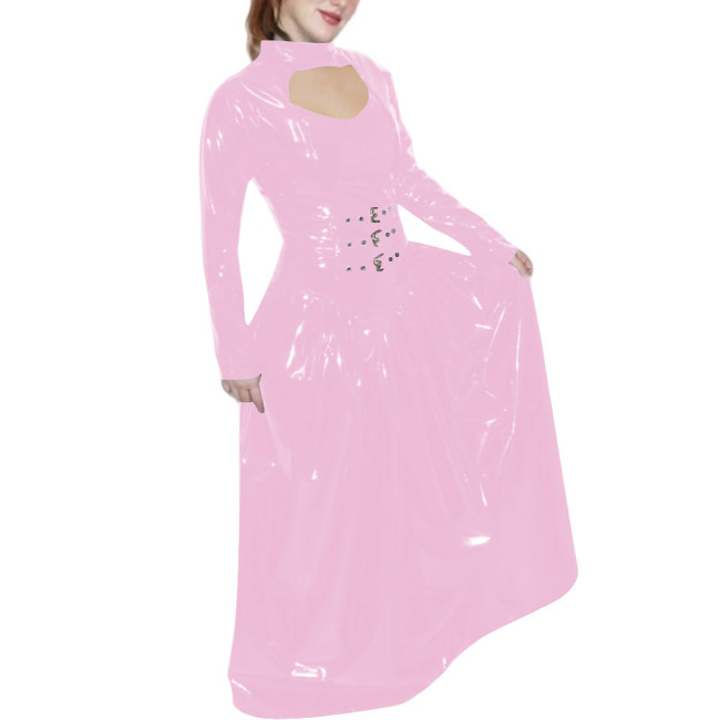 Sissy PVC Faux Leather Long Dress Wetlook Hollow A-line Swing Maxi Dress Long Sleeved Elegant Vintage Robe Raves Party Vestidos
