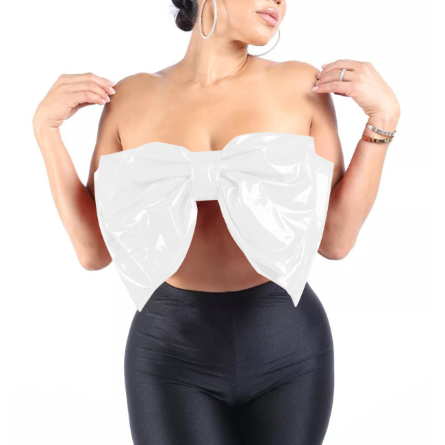 Fashion Sexy Large Bow Strapless Croped Tops Wetlook PVC Sleeveless Tube Wrap Bustier Hotties Glossy Faux Leather Camisole Top