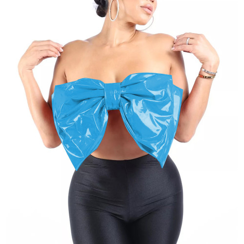 Fashion Sexy Large Bow Strapless Croped Tops Wetlook PVC Sleeveless Tube Wrap Bustier Hotties Glossy Faux Leather Camisole Top