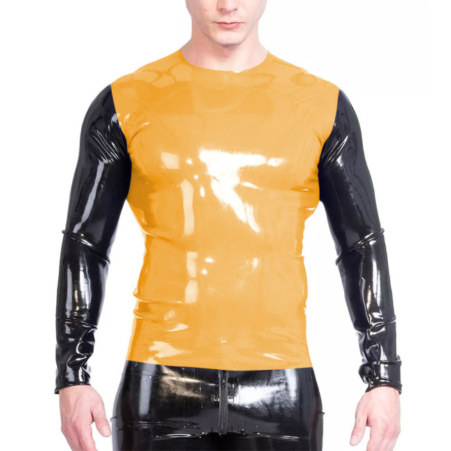 Fashion Faux Latex T Shirt Men Gothic Patchwork Long Sleeve Slim Fit O-neck T-Shirts Tops Outdoor Mens Oversize Tees Daily Wear
