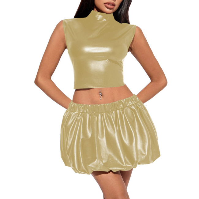High Neck Tank Crop Top Mini Skirt Sets Shiny Metallic 2 Piece Sets Womens Outfits Slim Fit Summer Party Faux Leather Dress Sets