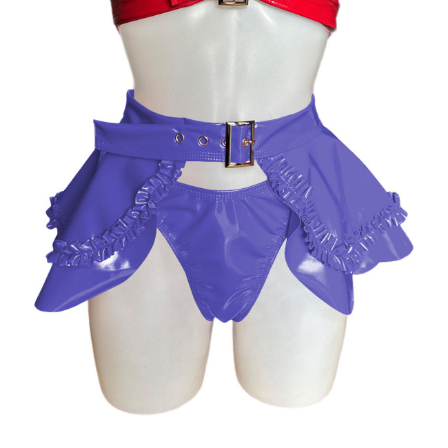 Wet Look PVC Leather Briefs + Skirts Sexy Nightclub Two-piece Lingerie Set with Ruffle Cosplay Outfits Frill Buckle Miniskirt