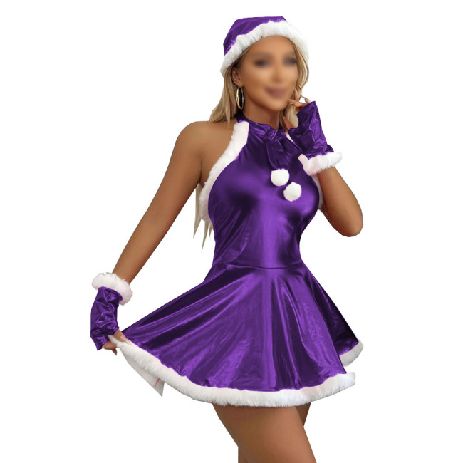 Women's Christmas Dress Set Shiny Metallic A-line Mini Dress with Santa Hat and Gloves for Halloween Party Xmas Cosplay Outfits