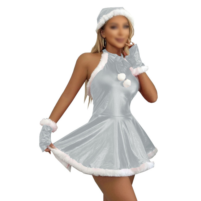 Women's Christmas Dress Set Shiny Metallic A-line Mini Dress with Santa Hat and Gloves for Halloween Party Xmas Cosplay Outfits