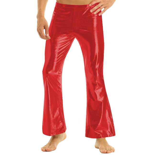 Mens High Waist Flared Pants Shiny Metallic Party Disco Bell Bottom Trousers Male Solid Color Long Pants Wetlook Show Clubwear