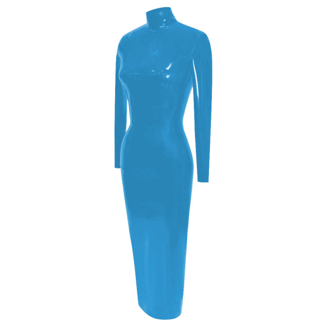 Elegance Long Sleeve Tight Solid Faux Latex Sissy Dress Women Turtleneck PVC Bodycon Maxi Dress Clubwear Wet Sexy Hobble Dress