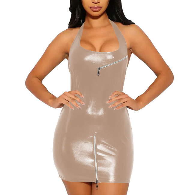 Summer Sexy Girl Mini Dress for Women Zipper Design Halter Bodycon Dress Vestidos Slim Fit Revelry Party Sleeveless Dress Sissy