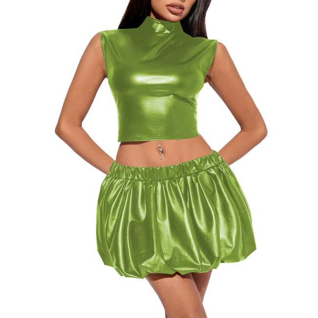 High Neck Tank Crop Top Mini Skirt Sets Shiny Metallic 2 Piece Sets Womens Outfits Slim Fit Summer Party Faux Leather Dress Sets