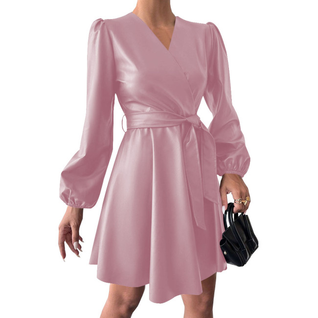 Fashion Puff Long Sleeve V-neck Dress Vintage Women Casual PU Leather Dress with Belt Matte Cocktail Gown Party Vestidos Female