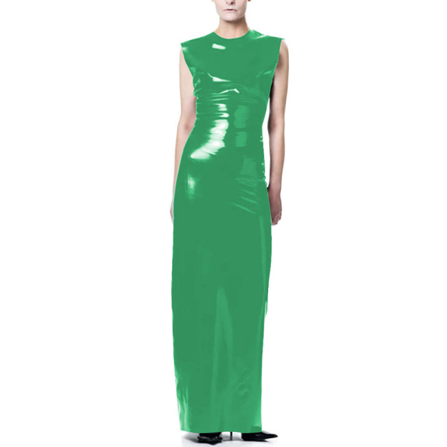 Elegant O-Neck Wetlook Long Dress Vinyl Sleeveless PVC Leather Straight Dress for Womens Office Ladies Evening Party Vestidos