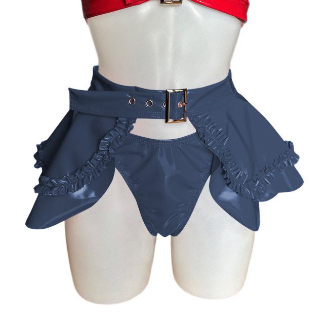 Wet Look PVC Leather Briefs + Skirts Sexy Nightclub Two-piece Lingerie Set with Ruffle Cosplay Outfits Frill Buckle Miniskirt