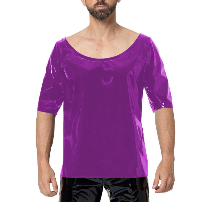 Scoop Neck Men PVC Faux Leather T-Shirts Sexy Club Half Sleeved Tops Fashion Street Wear Wetlook T-shirt Vinyl Tees Undershirt