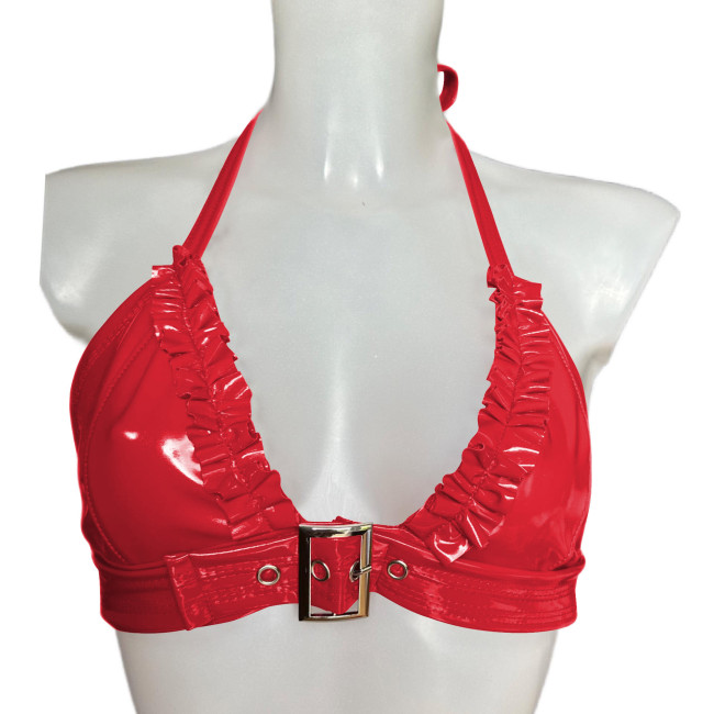 Womens Halter Ruffles PVC Shiny Bra Tops Sexy Buckle Lingerie Nightclub Party Costume Sissy Rave Party Underwear Nightwear 7XL