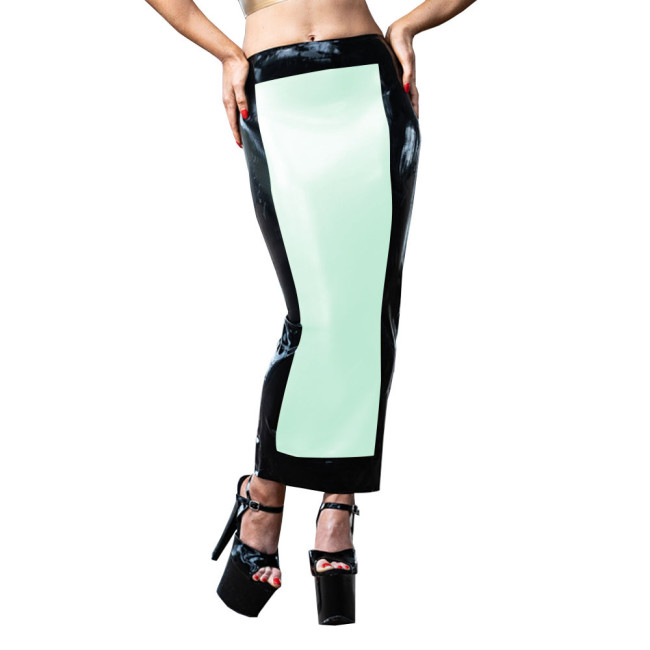 Women High Waist PVC Leather Skirt Patchwork Stretch Bodycon Long Skirt Casual Hobble Ankle Length Faux Latex Skirts Fetish Wear
