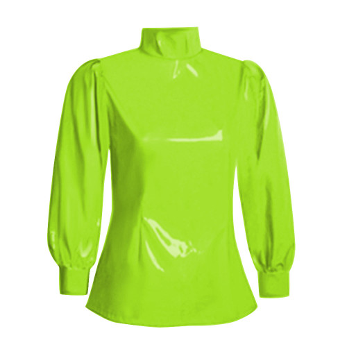 Office Ladies Tops Slim Fit Long Sleeve Faux Latex Women Blouse Turtleneck PVC Leather Bodycon Solid Color Blouse Tops Casual