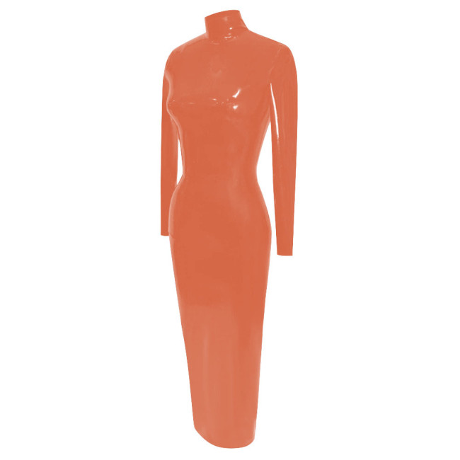 Elegance Long Sleeve Tight Solid Faux Latex Sissy Dress Women Turtleneck PVC Bodycon Maxi Dress Clubwear Wet Sexy Hobble Dress