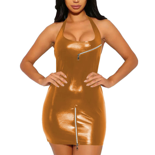 Summer Sexy Girl Mini Dress for Women Zipper Design Halter Bodycon Dress Vestidos Slim Fit Revelry Party Sleeveless Dress Sissy
