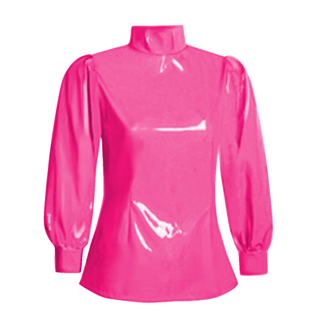 Office Ladies Tops Slim Fit Long Sleeve Faux Latex Women Blouse Turtleneck PVC Leather Bodycon Solid Color Blouse Tops Casual