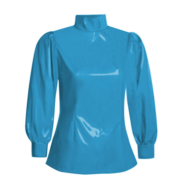 Office Ladies Tops Slim Fit Long Sleeve Faux Latex Women Blouse Turtleneck PVC Leather Bodycon Solid Color Blouse Tops Casual