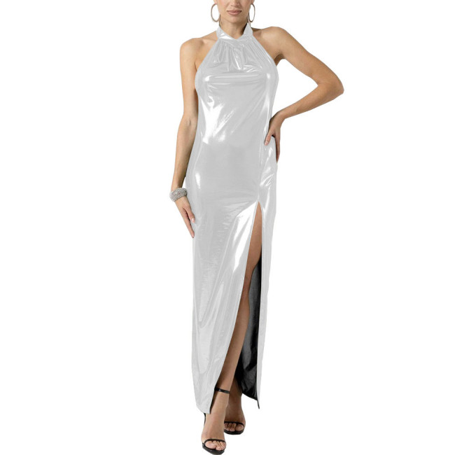 Evening Shiny Metallic Women Long Dress Sexy Sleeveless Open Back High Split Dress Pole Dacing Costume Female Club Party Vestido