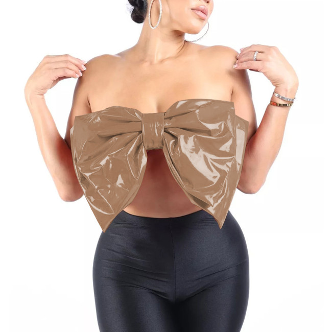 Fashion Sexy Large Bow Strapless Croped Tops Wetlook PVC Sleeveless Tube Wrap Bustier Hotties Glossy Faux Leather Camisole Top