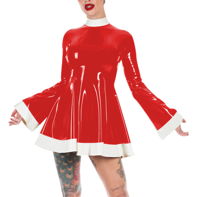 Mock Neck Flare Sleeve A-line PVC Leather Dress Women Slim Patchwork Mini Dress Elegance Short Dress Casual Solid Color Vestido