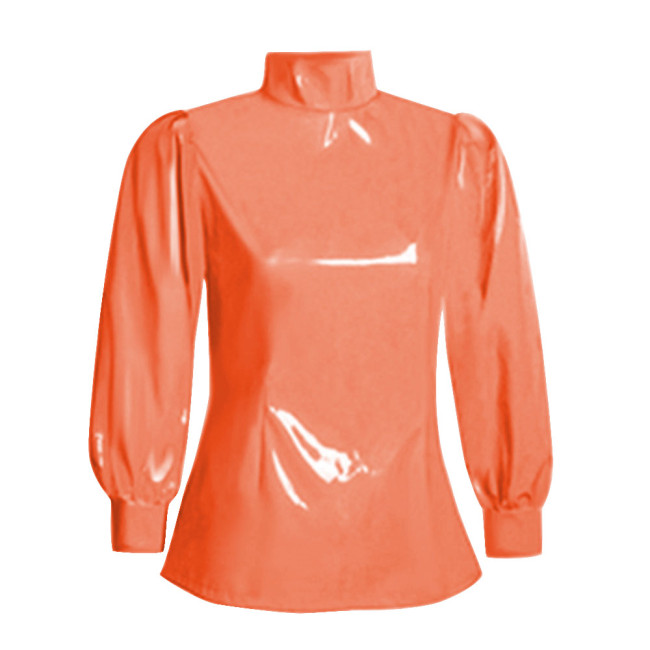 Office Ladies Tops Slim Fit Long Sleeve Faux Latex Women Blouse Turtleneck PVC Leather Bodycon Solid Color Blouse Tops Casual