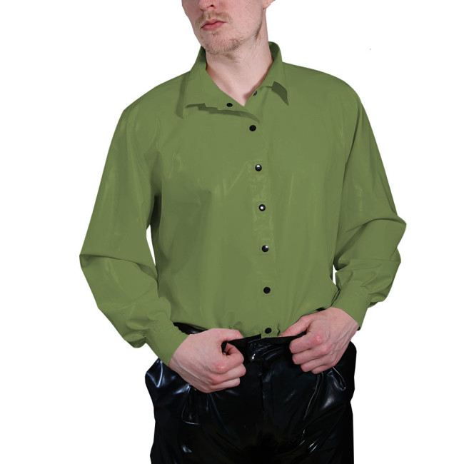 Long Sleeve T Shirt Men Turn-down Collar PVC Button Shirts Faux Latex Men Clothing Casual Slim Fit Plus Size Tops Streetwear