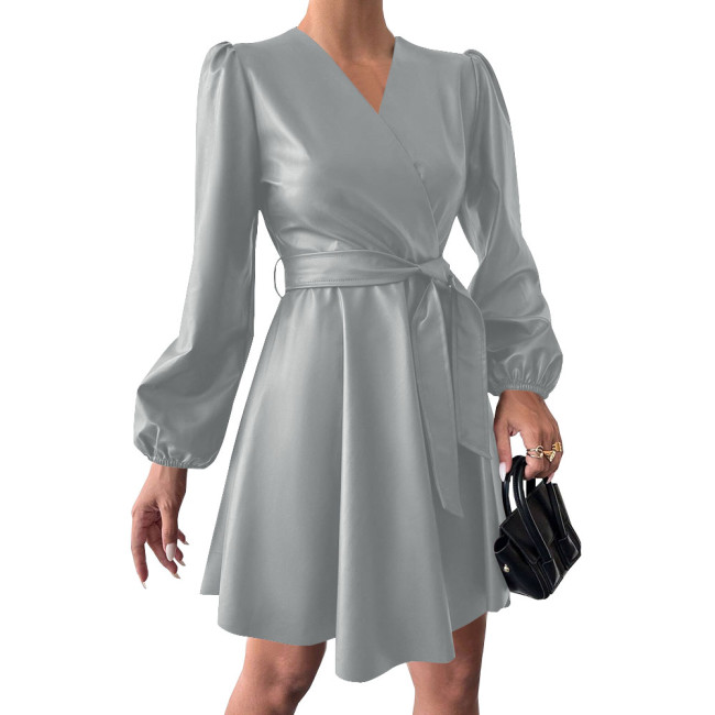 Fashion Puff Long Sleeve V-neck Dress Vintage Women Casual PU Leather Dress with Belt Matte Cocktail Gown Party Vestidos Female